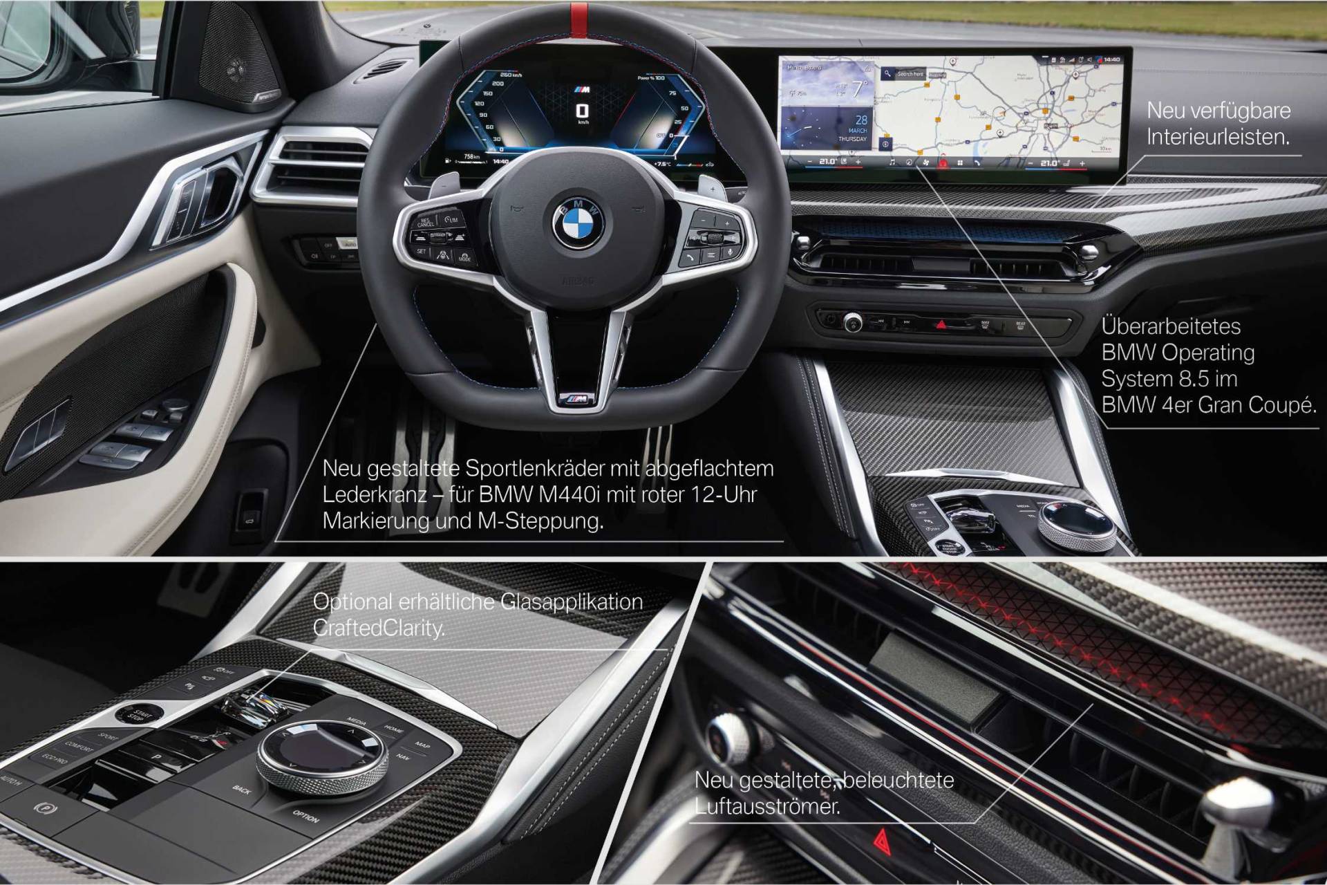 宝马M440i Gran Coupé官方座舱说明图,展示曲面屏、方向盘与中控细节