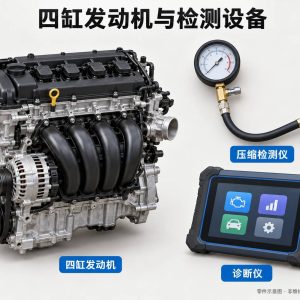 四缸发动机与检测设备零件示意图（非维修实拍）