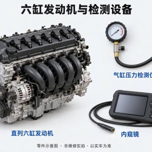 六缸发动机与检测设备零件示意图(非维修实拍)